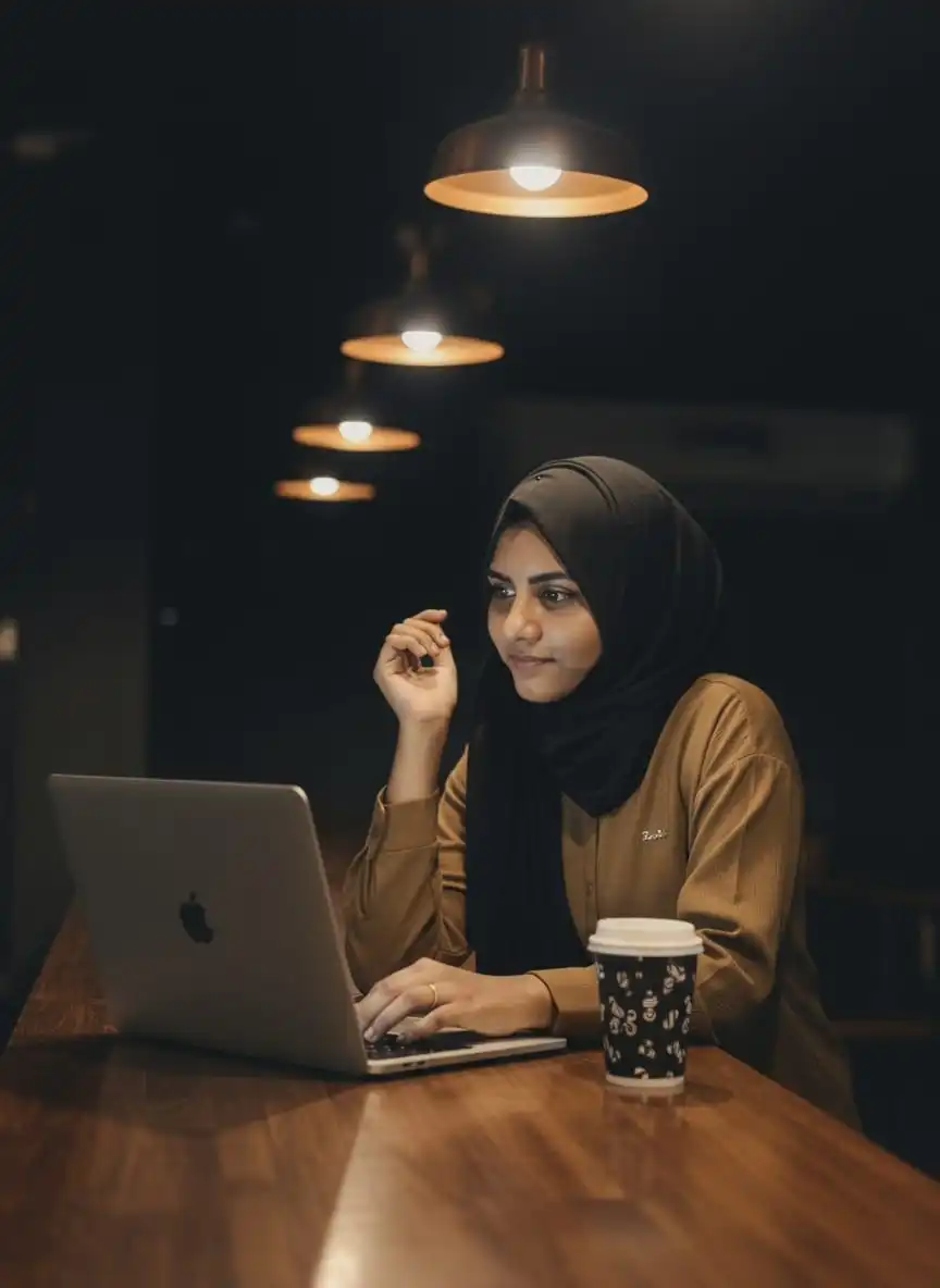 Freelancer working on a laptop in a cafe with a focused and creative workspace vibe