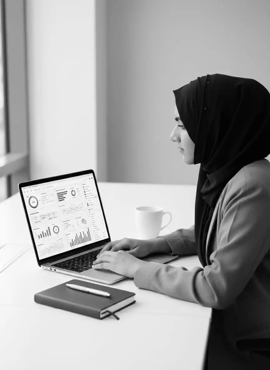 Women working on laptop with analytics dashboard on the screen