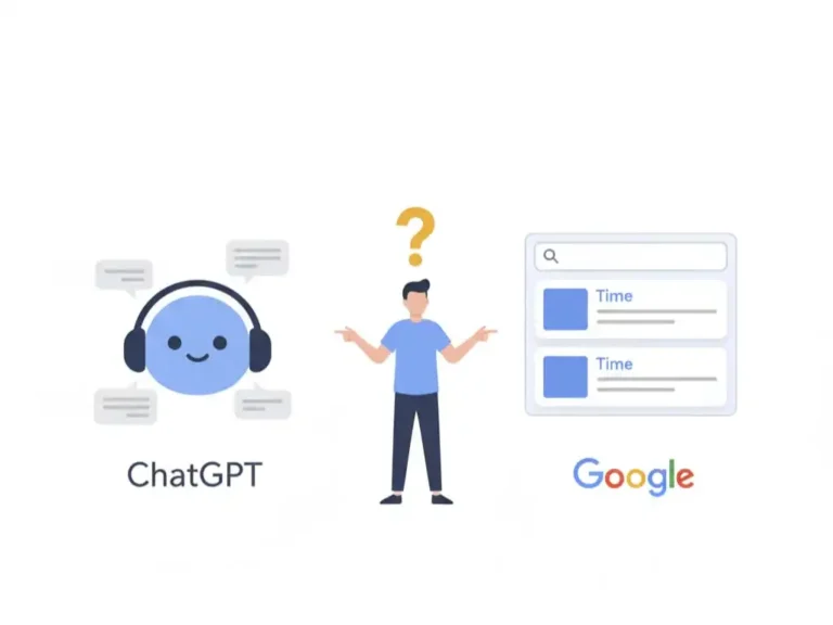 ChatGPT vs Google comparison showing an AI chatbot and a search engine